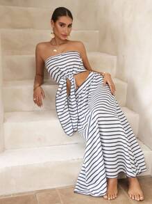 Swim Chiccia Set de 2 piezas para mujer de verano con top bandeau romántico y lindo, y falda a rayas, conjunto casual de vacaciones para la playa