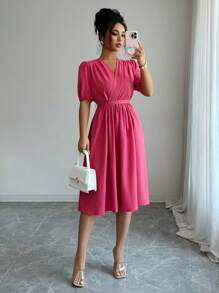 Elenzga Solid Color V-Neck Cross Wrap Elegant Short Sleeve Summer Dress