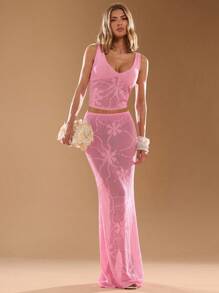 SHEIN BAE Damen gemusterter Cut Out V-Ausschnitt ärmellose kurze Strick-Bluse