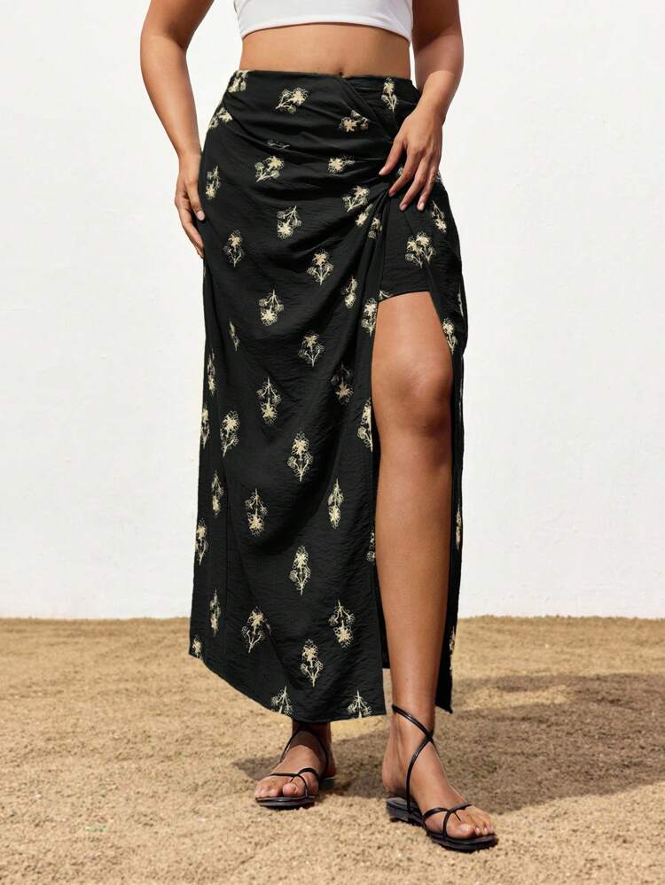SHEIN Maija 2025 Plus Size Asymmetrical Print Twist Design Skirt, Comfortable Casual Versatile, Suitable For Spring/Summer, Festivals, Beach, Side Slit, Women Beach Vacation