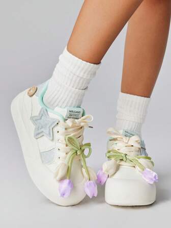 Kawaii Women's Blue Bowknot Lace-Up Soft Bottom Lightweight Running Shoes, Comfy Mary Jane Flats, Casual Sports Sneakers