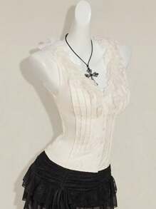 SHEIN ICON Y2k Women's Western Country Concert Boho Hippie Beige Goth Open Front Sleeveless Lace Trim Top, Y2k Tops - Beige - View 8