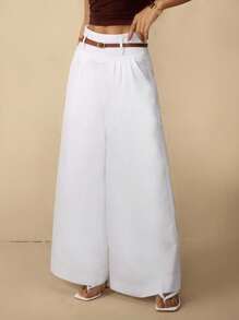 SHEIN PETITE Quần ống rộng dệt sọc dành cho nữ - màu xanh lá - Xem 3