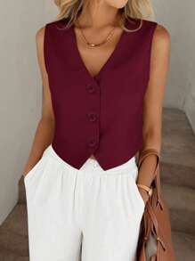 Easowa Women's Casual/Commuting Solid Color Front Button Sleeveless Shirt - Burgundy - View 5