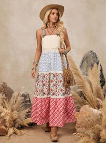 LanaWest Women's Lace Patchwork Adjustable Spaghetti Strap Patchwork Midi Dress - Multicolor - View 4
