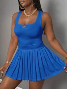 Slaydiva ملابس علوية كاجوال أساسية بياقة على شكل حرف U بلا أكمام، ذات ملصق أسود وكتابة بيضاء؛ تنورة قصيرة منسدلة مع شورت وكولوت من قماش تريكو أبيض، فستان نسائي على شكل خط A للربيع/الصيف - أزرق غامق - مشاهدة 5