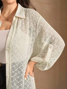 SHEIN Clasi Áo sơ mi tay dài cài nút phía trước màu trơn cỡ lớn thường ngày - Màu be - Xem 4