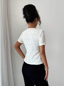 Chiquease Camiseta feminina casual elegante com decote em V e manga curta - Damasco - Ver 2