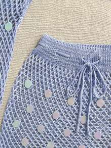 Soleia Bộ 2 món váy hở lưng đan móc hở lưng thêu kim sa lấp lánh phong cách ngày lễ cho nữ - Màu xanh lam - Xem 4