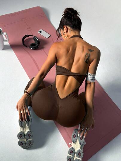 Easithlete 女式纯色露背挂脖休闲连体裤