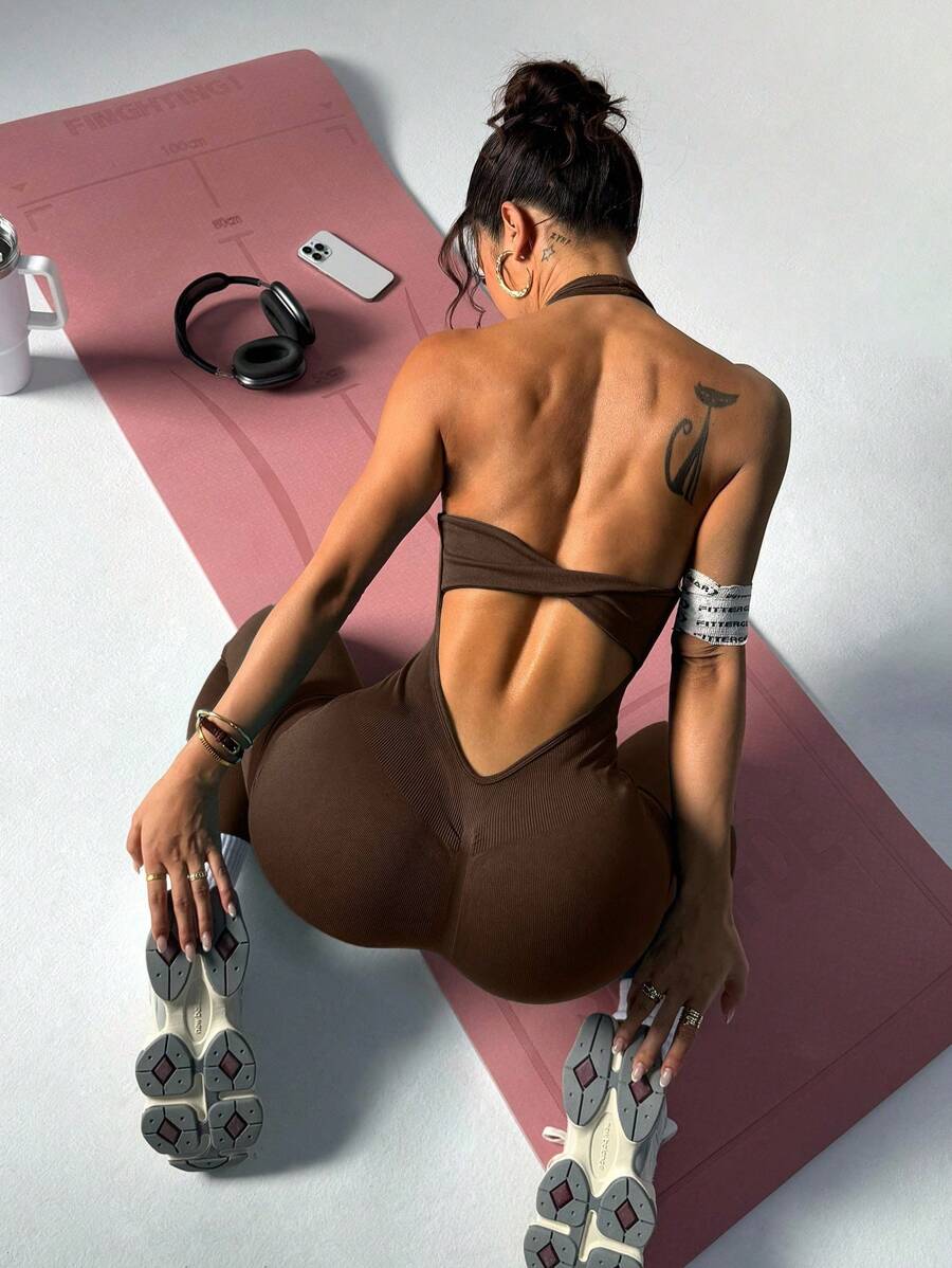 Slayform 女式纯色露背挂脖休闲连体裤 - 棕色 - 查看 1