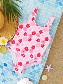 SHEIN Young Girl Cute Floral Print Sleeveless Swimsuit, Casual & Adorable, Spring/Summer - Pink - View 7
