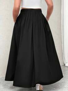Firerie Plus Size Women's High Waist Grey Maxi Pleated A-Line Skirt With Pockets And Elastic Waistband, Back To School