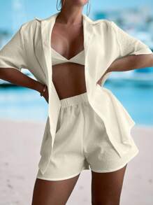 Swim Vcay 素色前紐扣罩衫套裝 - 杏色 - 查看 4