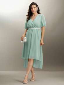 SHEIN Clasi Plus Size Elegant Women Chiffon Patchwork Lace Trim Waist Flattering Ruffle Sleeve Midi Dress - Green - View 7