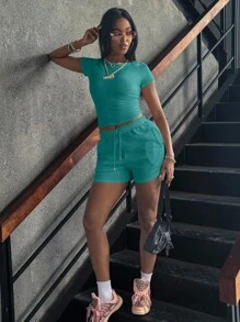 INAWLY Women's Summer Solid Color Short Sleeve Round Neck T-Shirt And Drawstring Waist Shorts Casual Two-Piece Set - Cadet Blue - View 3