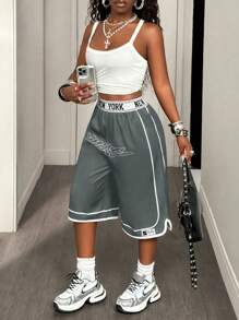 BamGleam 女士字母印花阔腿宽松休闲七分运动裤 - 灰色 - 查看 3