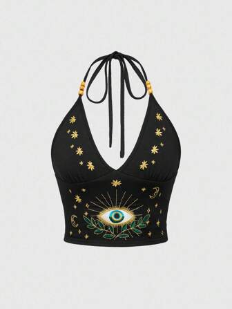 Hippie Parte superior de tirantes estilo tanque con bordado de ojo, luna y estrella, acabado en cuentas, en color cían, con estilo bohemio-chic de vacaciones para mujer