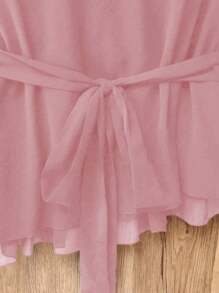 Flirla Plus Size Women Elegant Chiffon V-Neck Ruffle Short Sleeve Fashion Blouse - Pink - View 5