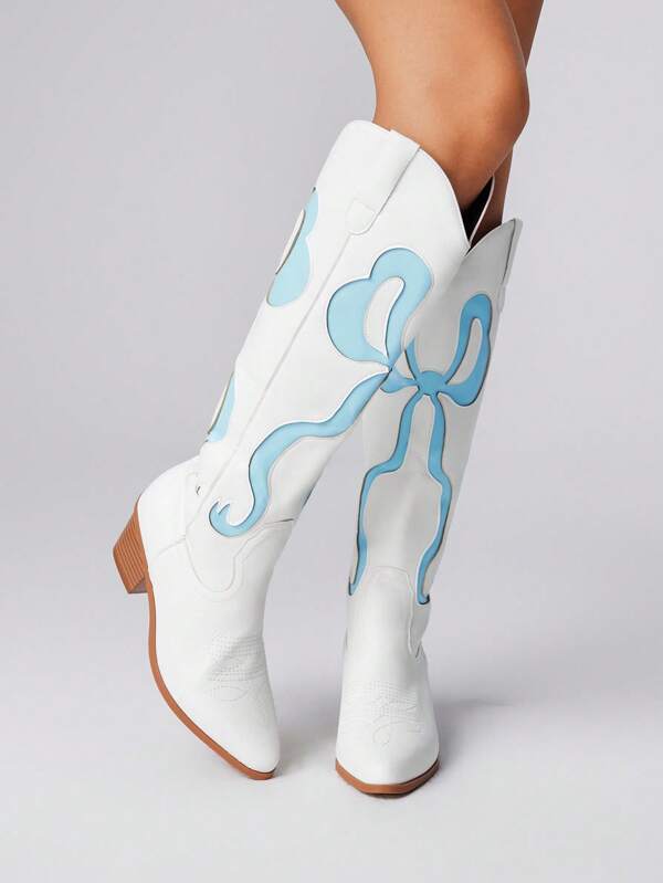 ROMWE Kawaii Women's Western Style Cutout Butterfly-Wing Embroidered Leather Thigh High Boots, New Arrival For Spring & Autumn