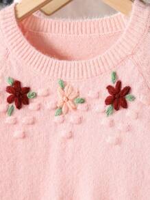 Sparklyn 女童乡村手工刺绣可爱圆领长袖针织毛衣上衣，秋冬 - 粉色 - 查看 3