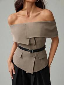 SHEIN Tall 女士单肩齐地优雅西装，收腰老款风格办公室仙女 - 卡其色 - 查看 6