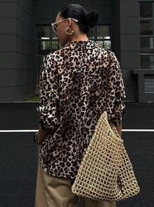 DAZY 女士宽松豹纹休闲通勤衬衫 - 棕色 - 查看 2