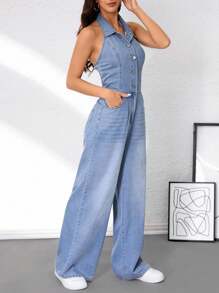 SHEIN Tall Macacão jeans básico feminino, moderno, sem costas, com botões, para volta às aulas, casual e modesto, para negócios, feminino - Azul - Ver 3