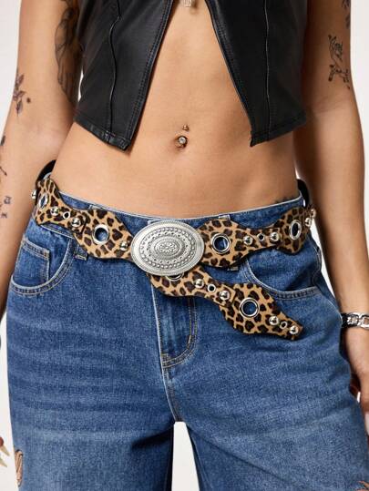 Grunge Punk 1pc Women's Stylish Subculture Leopard Print Belt, Suitable For Dress, Sweater, Jeans, Punk Rivet Decor