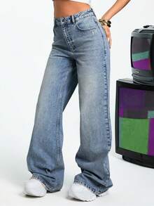 EURMUSE Damen Jeans mit tiefer Taille, Taschen, weitem Bein, lässig vielseitig einsetzbar