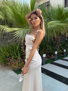 Manon Tanti 女士花朵细肩带露背连衣裙鸡尾酒会婚礼晚礼服 - 香檳色 - 查看 4
