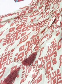 Florisole Summer Women's Vacation Bohemian Floral Print V-Neck Cinched Waist Dress - Pink - View 8