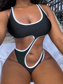 Alexandranx Summer Beach Contrast Binding Cut Out One Piece Swimsuit - Black - View 3