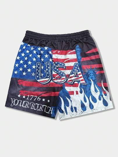 Street Life Vintage Loose Fit Men's Shorts With American Flag Graphic And Elastic Waist