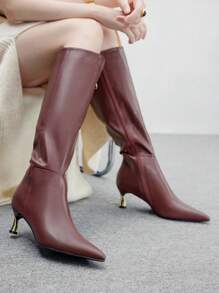 CUCCOO BIZCHIC 女士时尚尖头小猫跟勃艮第酒红色简约百搭通勤侧拉链细跟过膝靴 - 酒紅色 - 查看 2