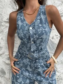 DAZY 女式蝴蝶刺绣V领无袖牛仔连体裤 - 藍色 - 查看 7