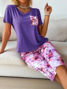 SHEIN Floral Print Casual Women 3/4 Length Sleepwear Set - Purple - View 5