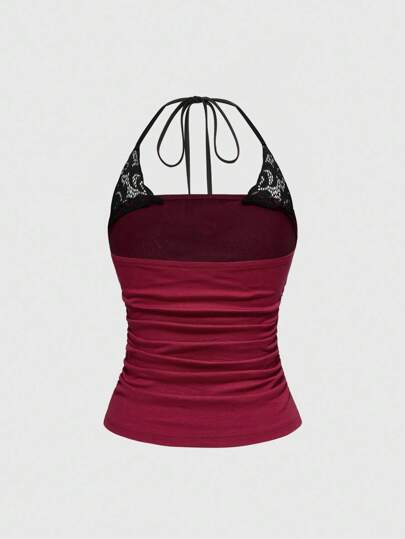 J-Fashion Top de cami halter de algodón con contraste de encaje y estampado de calavera punk, estilo pop-star de festival de música Y2K para conciertos