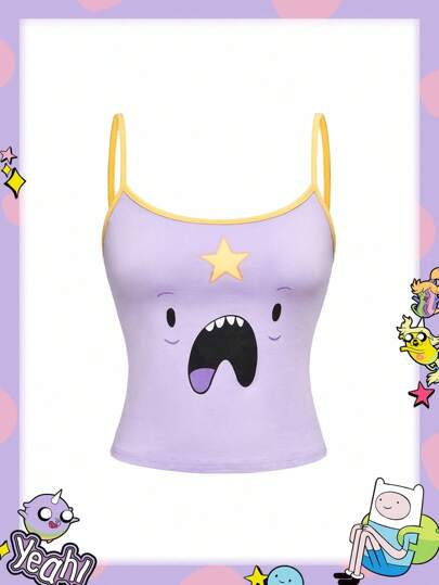Adventure Time X ROMWE Top de tirantes para mujer con estampado de dibujos animados y ribete contrastante para el verano