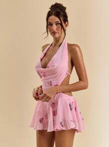 SHEIN BAE 亮片拼接垂坠露背性感无袖连衣裙 - 淺粉色 - 查看 4