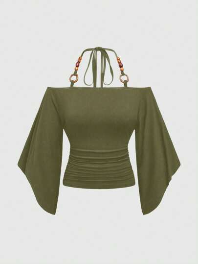 Hippie t-shirt pour femmes à manches chauve-souris, décontracté, avec une épaule dénudée et décoré de perles de bois de style vintage