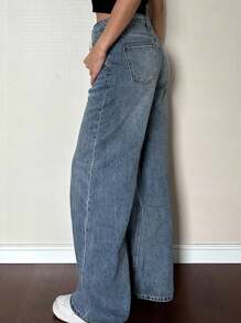 DAZY 复古经典高腰直筒抽绳牛仔裤 - 深色水洗藍 - 查看 7