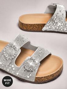 SHUZIA Wide Fit Women's Sparkling Rhinestone Double Buckle Open Toe Cork Platform Flat Glam Rhinestone Black Slides-Plus Size Comfort, Luxury,Sparkle. - Metallic Silver - View 7