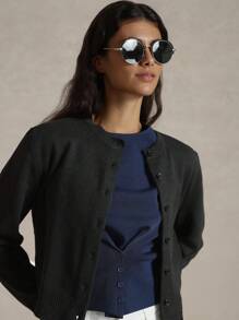 Briarwyn 简约纯色圆领纽扣短袖休闲T恤，适合夏季女士夏季服装，女士优雅服装 - 寶藍色 - 查看 7