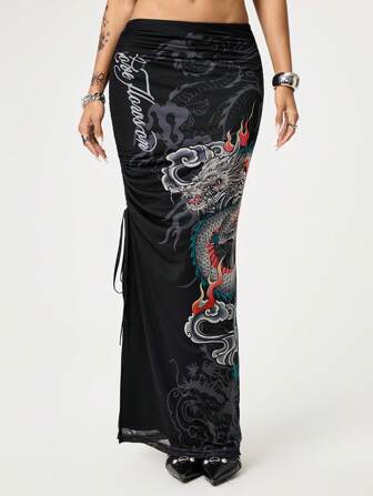 Grunge Punk Falda larga ajustada con abertura en el bajo y estampado de tatuaje de dragón estilo Y2K