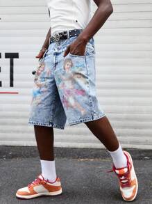 ROMWE MEN Street Life Quần short denim họa tiết thiên thần thường ngày mùa hè cho nam có cạp đôi - màu đen - Xem 6