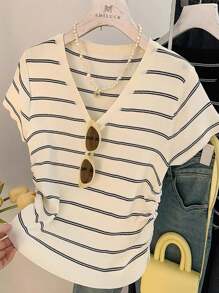 Franclia Women's Casual Striped Print V-Neck Short Sleeve T-Shirt, Summer