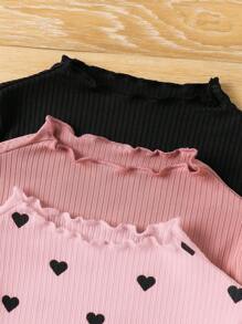 SHEIN Áo thun tay dài co giãn dệt kim màu trơn đơn giản thường ngày cho bé gái nhiều mẫu, thích hợp mặc thường ngày & hàng ngày & đi học hàng ngày vào mùa thu & đông - Hồng - Xem 3