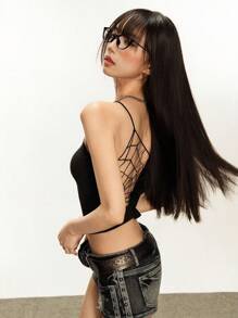 Rina Fox 女士深色美学前卫蜘蛛网露背吊带背心 - 黑色 - 查看 7