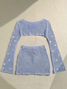 Soleia Bộ 2 món váy hở lưng đan móc hở lưng thêu kim sa lấp lánh phong cách ngày lễ cho nữ - Màu xanh lam - Xem 2